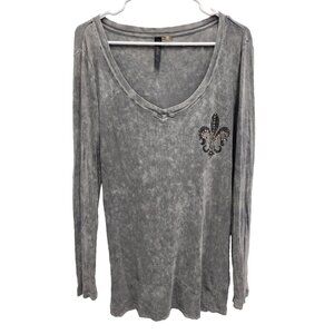 Y2K Central Park Womens Top Large Gray Washed‎ Embellished Long Sleeve Grunge
